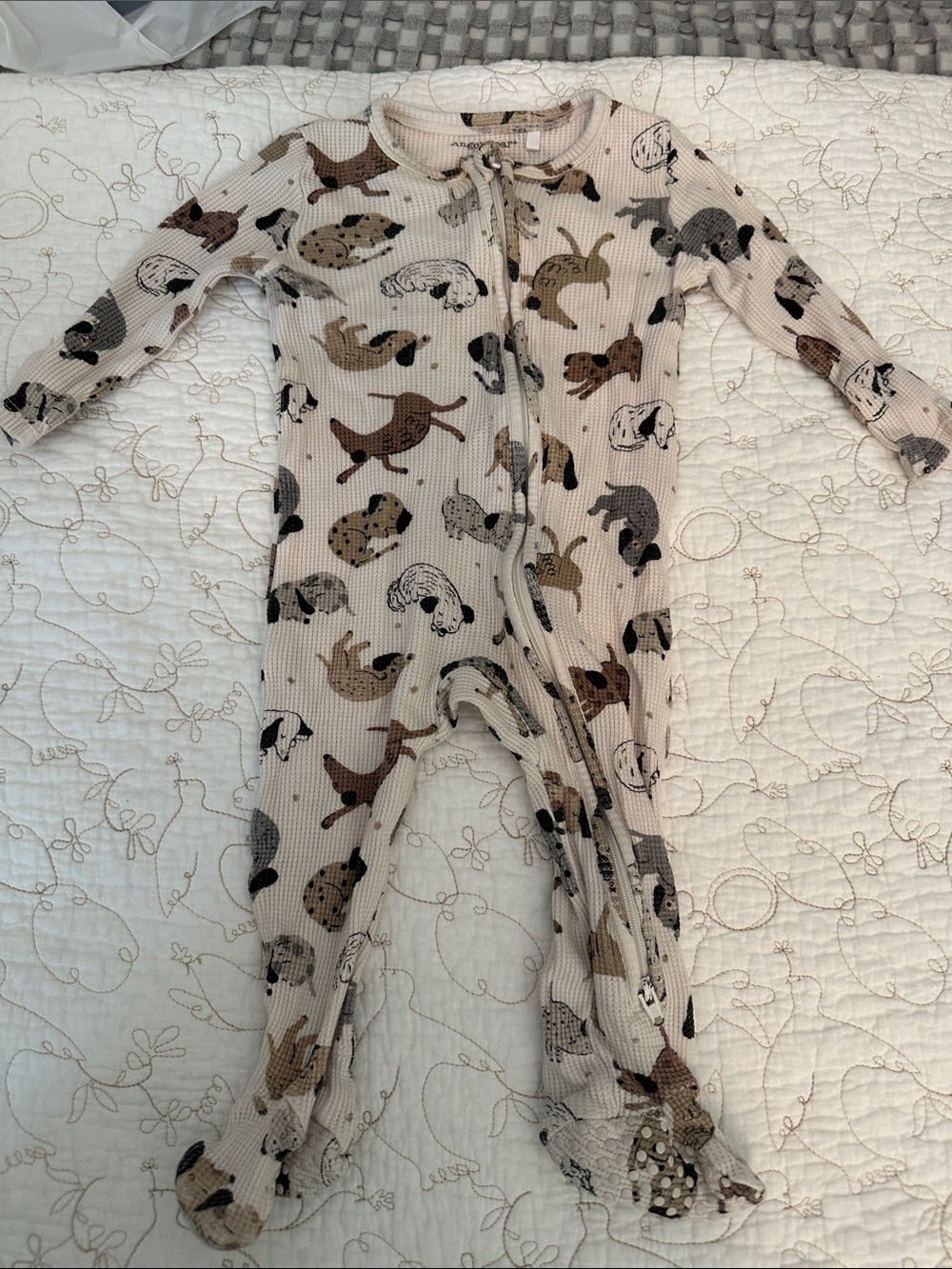 Angel Dear Beige Dog Print Ribbed Footed One-Piece